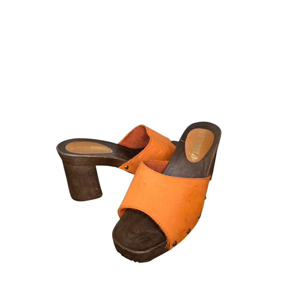 Womens 6.5 Orange Brown Chunky Clog Mules Platform Studded Boho Y2K Sandals